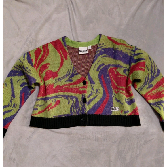 The Ragged Priest Jitters Cropped Oversized Abstract Marble Knit Cardigan Sz XS - Picture 7 of 12